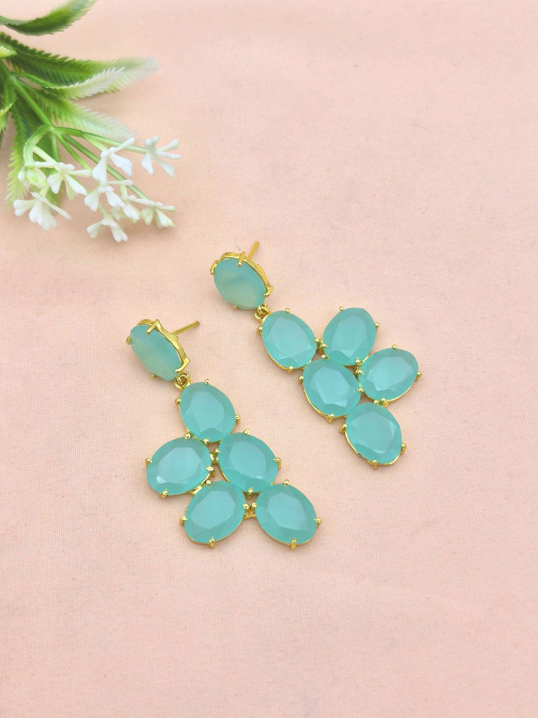 Gold plated Green Chalcedony Dangle Earrings - Handmade Semi Precious Stone Jewelry