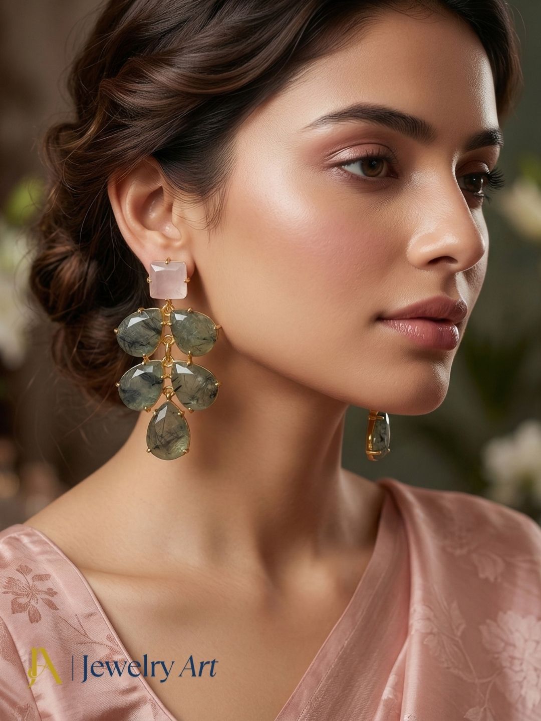 Elegant dual stone earrings with prehnite and rose quartz charming soft color blend
