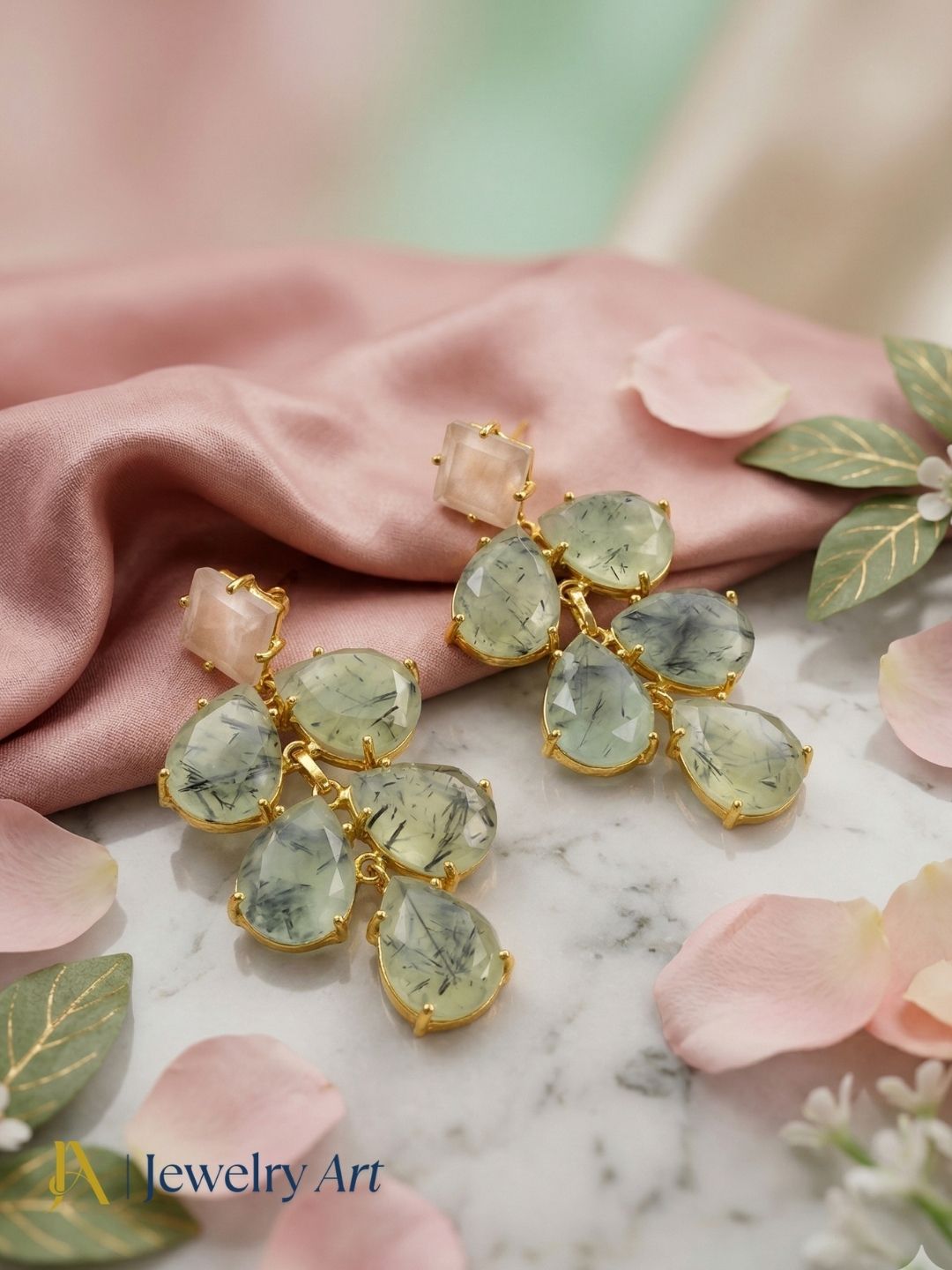 Stylish Prehnite Rose Quartz Dangle Earrings- Gold plated Handmade Jewelry for Women