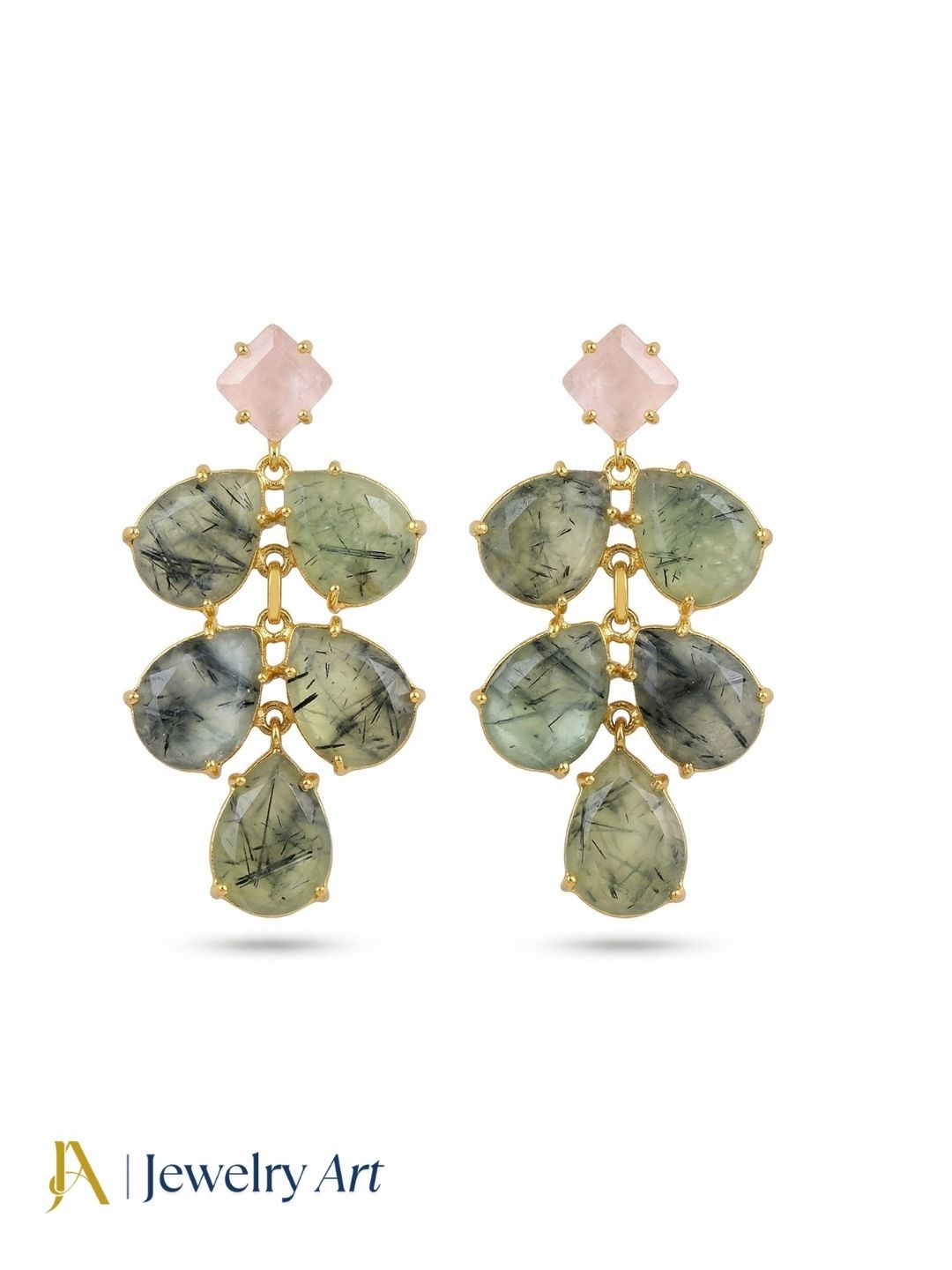 Stylish Prehnite Rose Quartz Dangle Earrings- Gold plated Handmade Jewelry for Women