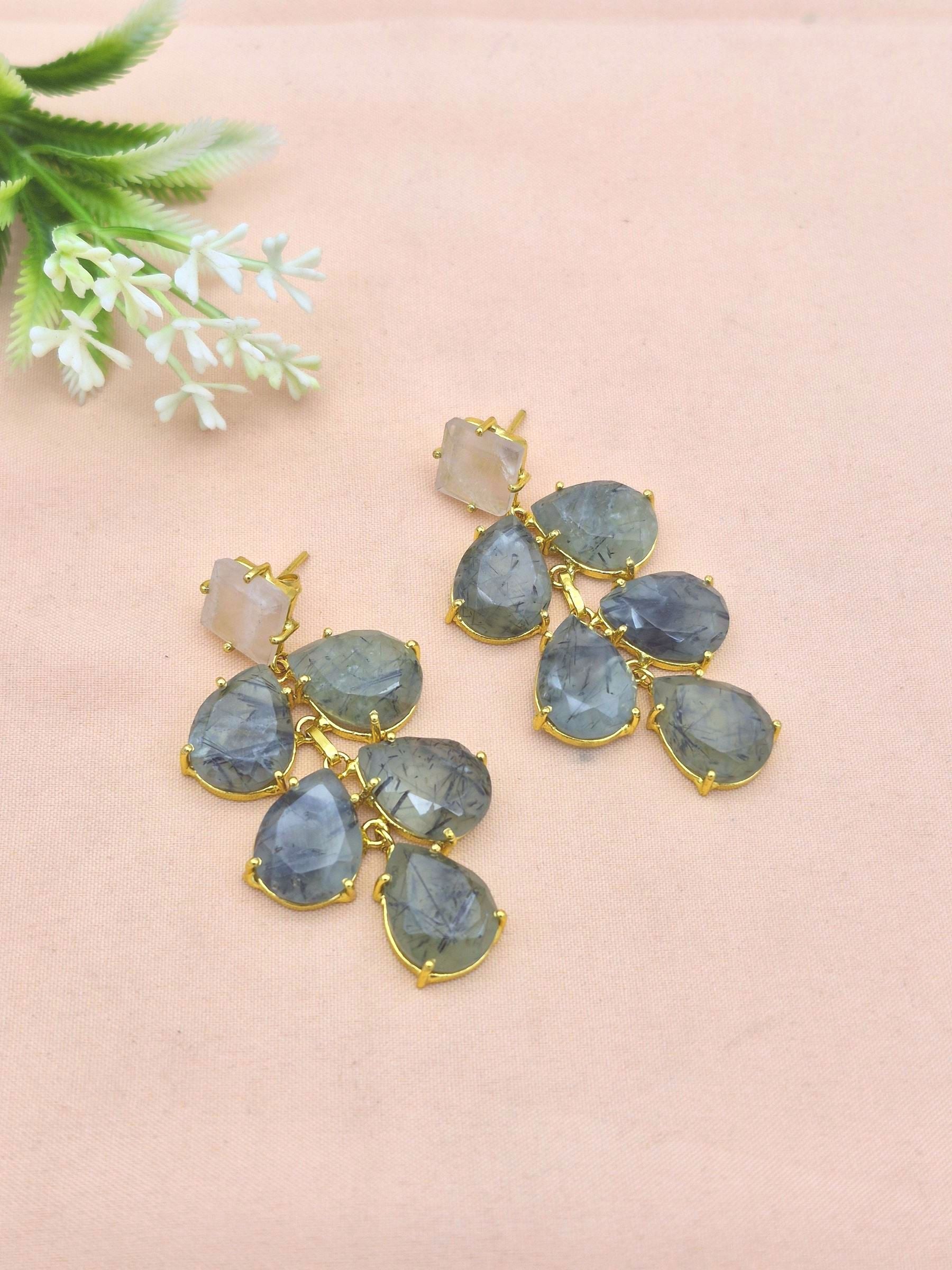 Stylish Prehnite Rose Quartz Dangle Earrings- Gold plated Handmade Jewelry for Women