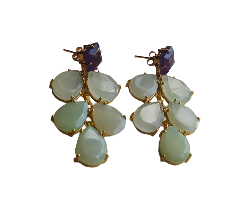 Gorgeous Gold Plated Dangle Earring - Aquamarine-Amethyst Gemstone Charming Handcrafted Jewelry