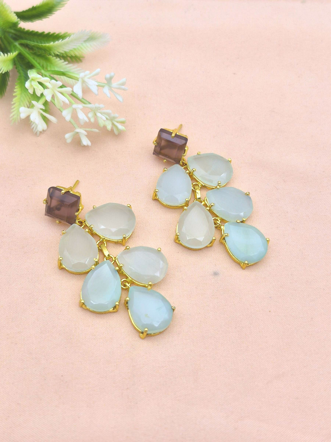 Gorgeous Gold Plated Dangle Earring - Aquamarine-Amethyst Gemstone Charming Handcrafted Jewelry