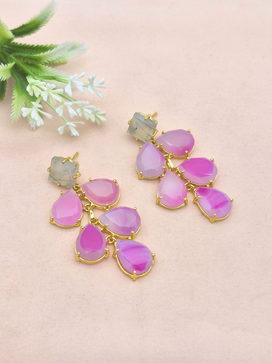 Gorgeous Gold Plated Dangle Earring - Prehnite-Magenta Onyx Gemstone Charming Handcrafted Jewelry
