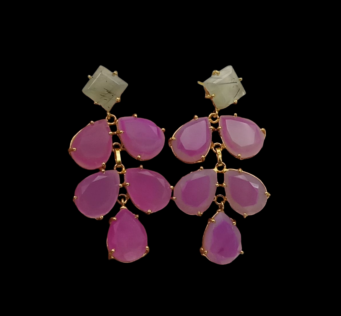 Gorgeous Gold Plated Dangle Earring - Prehnite-Magenta Onyx Gemstone Charming Handcrafted Jewelry