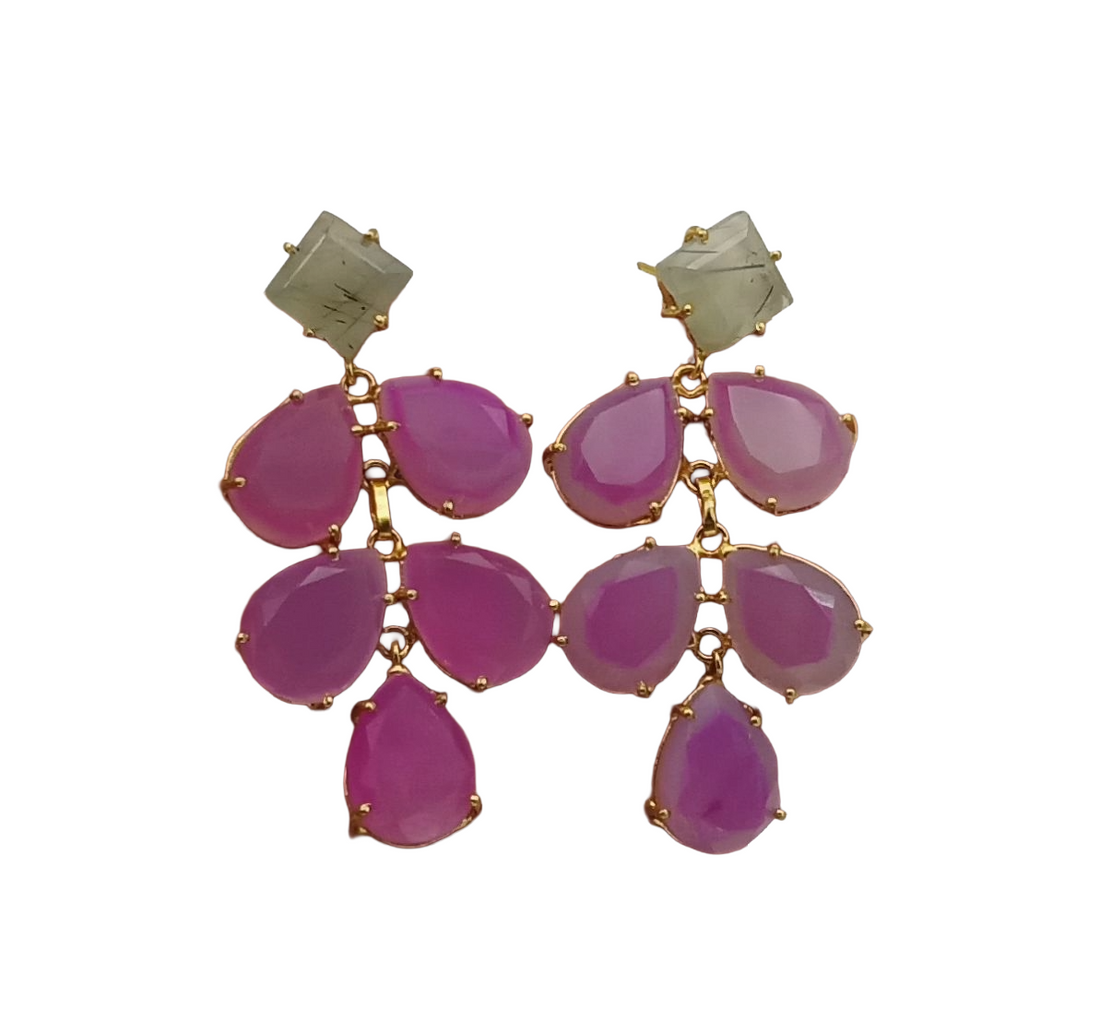Gorgeous Gold Plated Dangle Earring - Prehnite-Magenta Onyx Gemstone Charming Handcrafted Jewelry