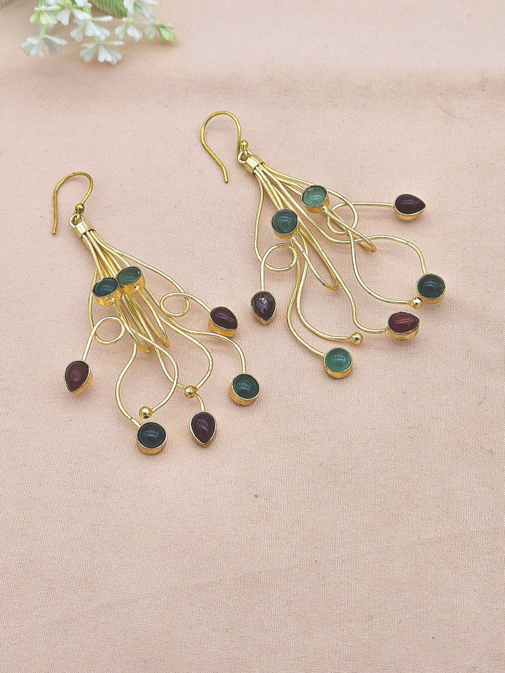 Charming Gold Plated Dangle Earrings –Green & Red Onyx Floral Designer Jewelry