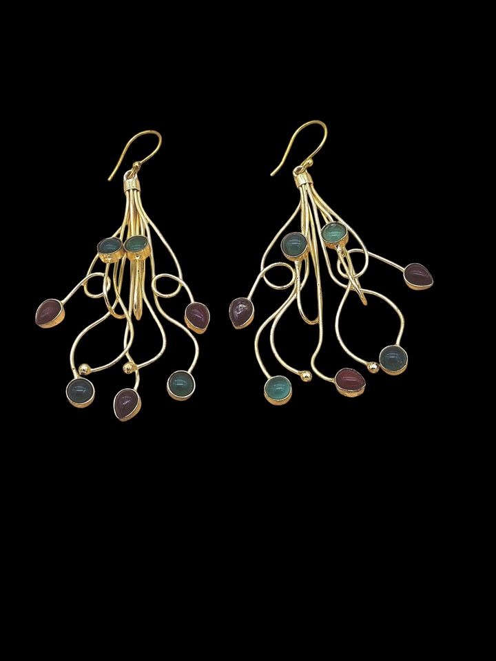 Charming Gold Plated Dangle Earrings –Green & Red Onyx Floral Designer Jewelry