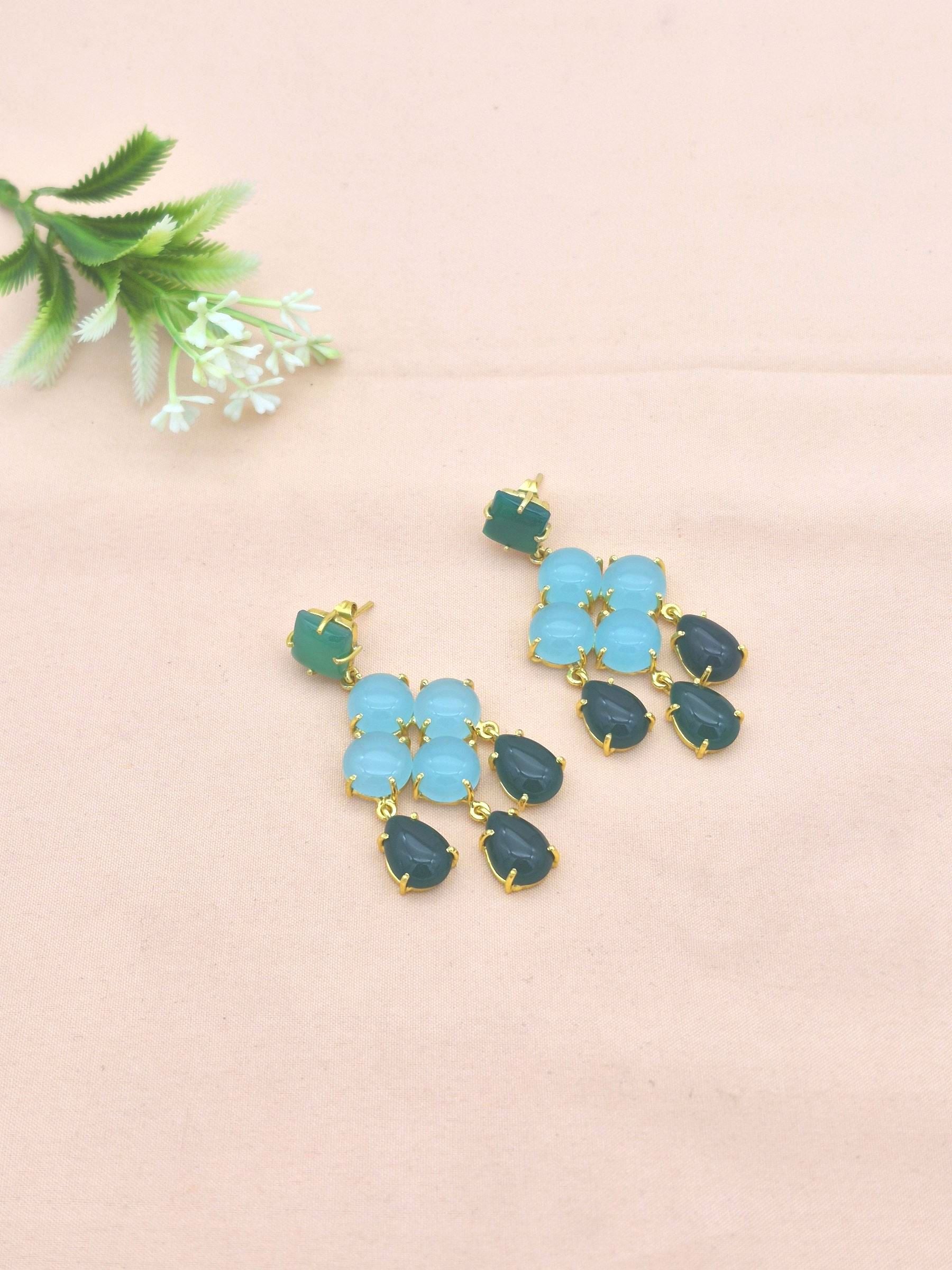 Gold Plated Brass Dangle Earrings – Green Onyx-Chalcedony Floral Design Handcrafted Jewelry