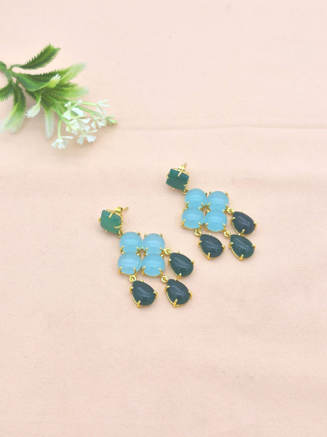 Gold Plated Brass Dangle Earrings – Green Onyx-Chalcedony Floral Design Handcrafted Jewelry