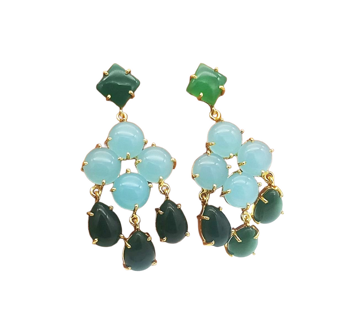Stunning Gold Plated Dangle Earrings –Green Onyx-Chalcedony Charming Floral Designer Jewelry