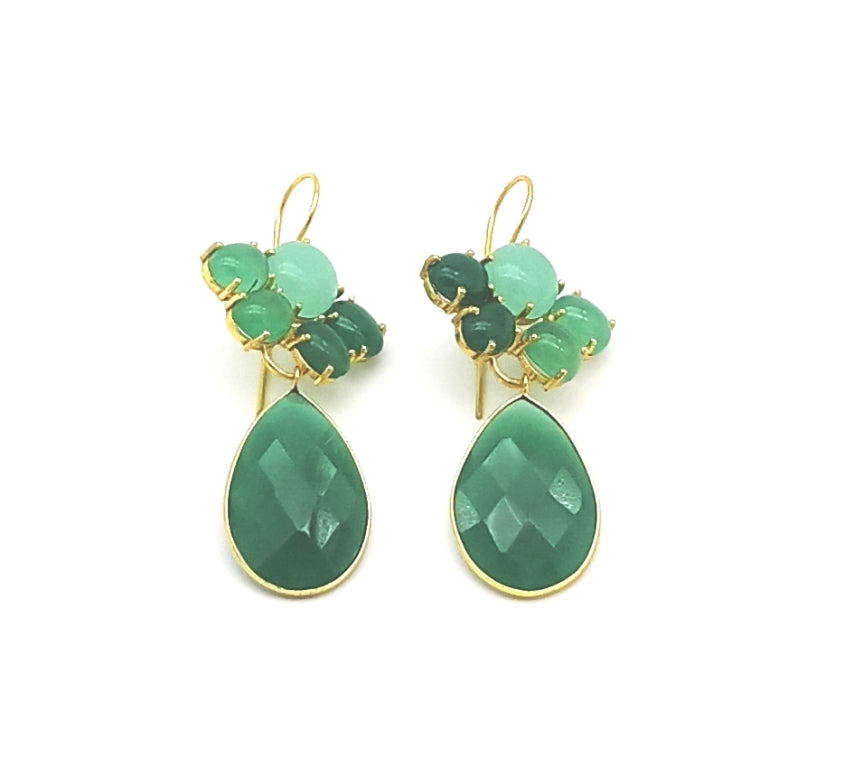 Gold Plated Brass Dangle Earrings – Semi Precious Gem stone Floral Design Handcrafted Jewelry