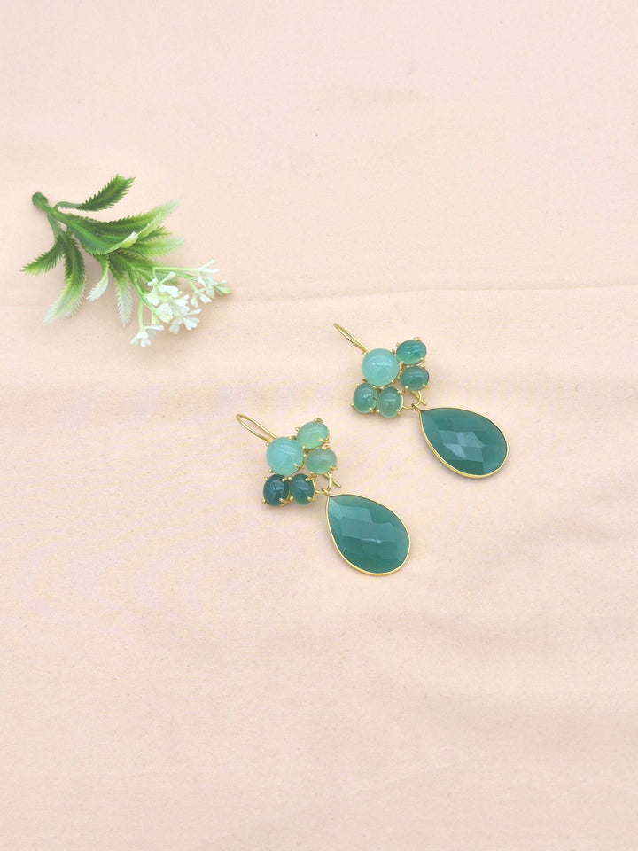 Amazing Gold Plated Dangle Earrings –Green Onyx-Chalcedony Charming Floral Designer Jewelry