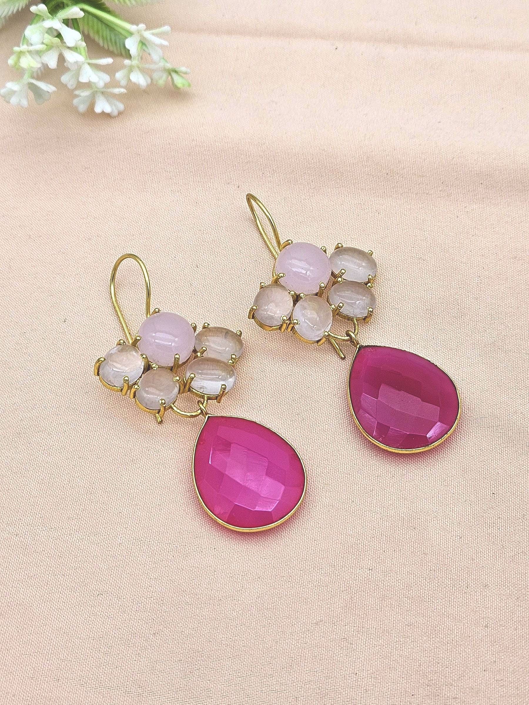 Gold Plated Brass Dangle Earrings – Semi Precious Gem stone Floral Design Handcrafted Jewelry