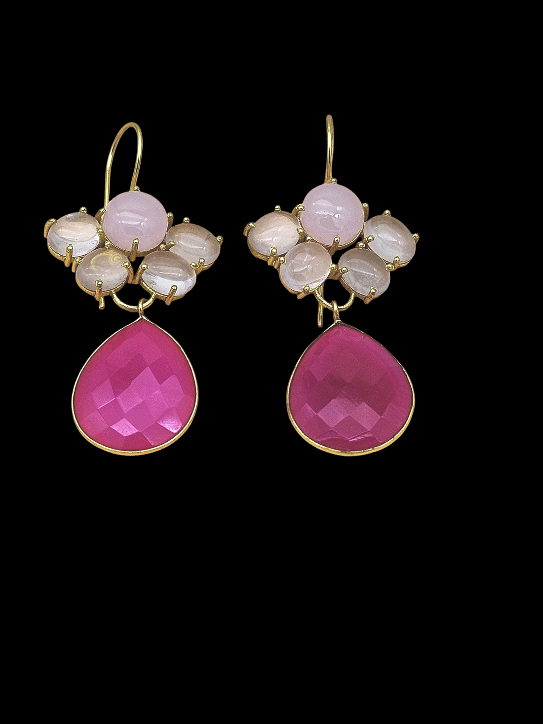 Gold Plated Brass Dangle Earrings – Semi Precious Gem stone Floral Design Handcrafted Jewelry