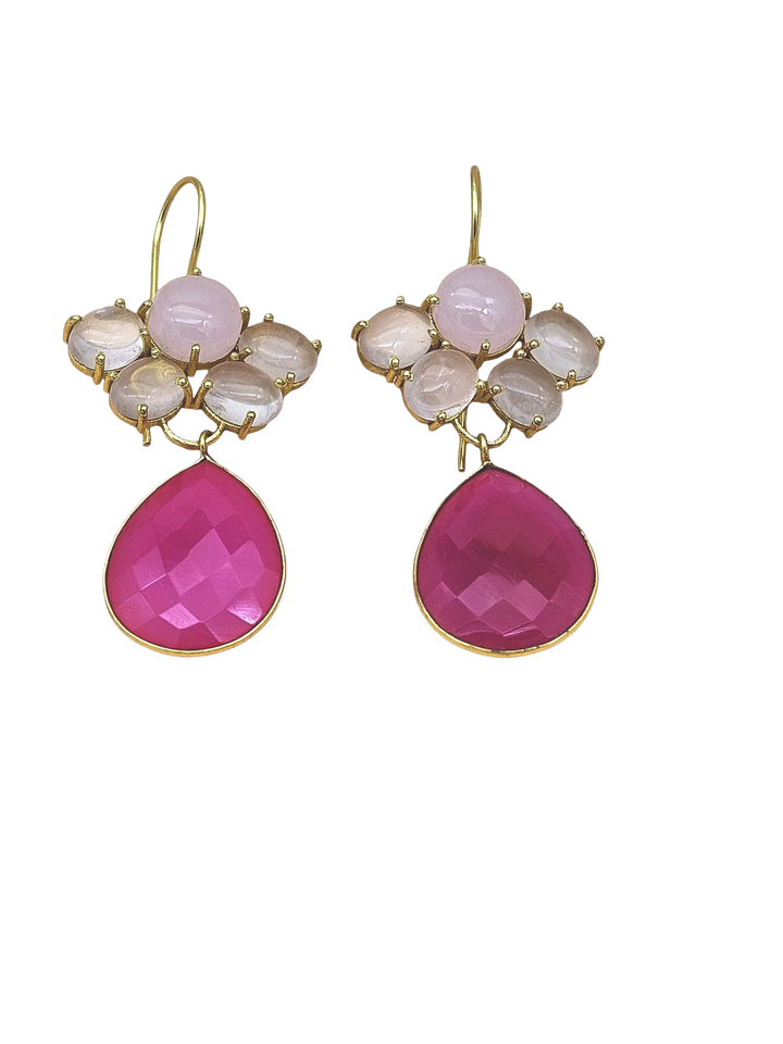 Amazing Gold Plated Dangle Earrings –Rose Quartz-Magenta Onyx Charming Floral Designer Jewelry