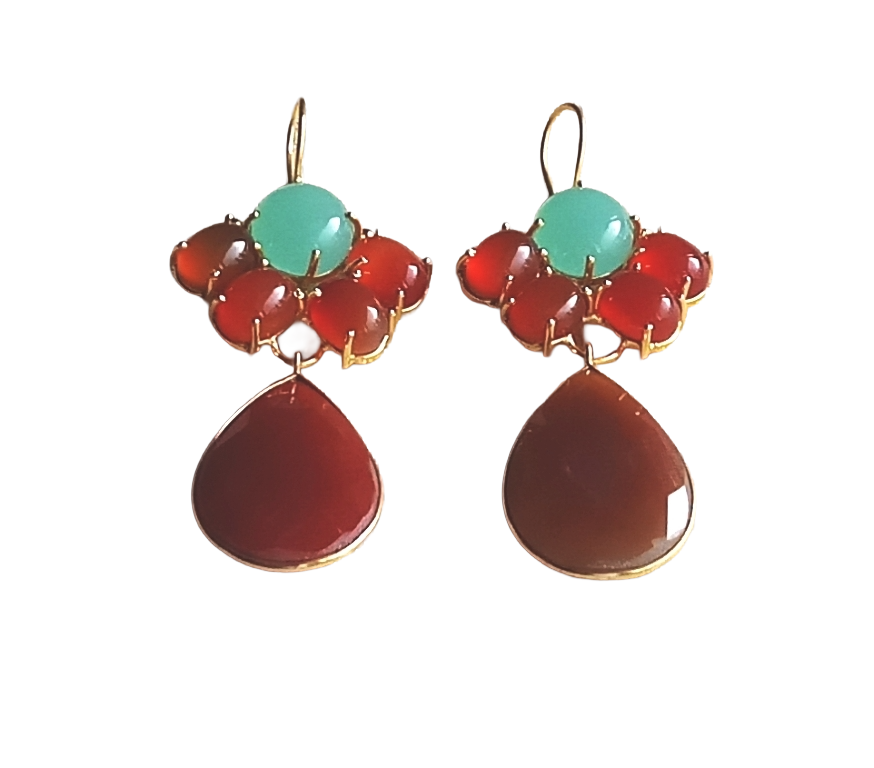 Gold Plated Brass Dangle Earrings – Semi Precious Gem stone Floral Design Handcrafted Jewelry