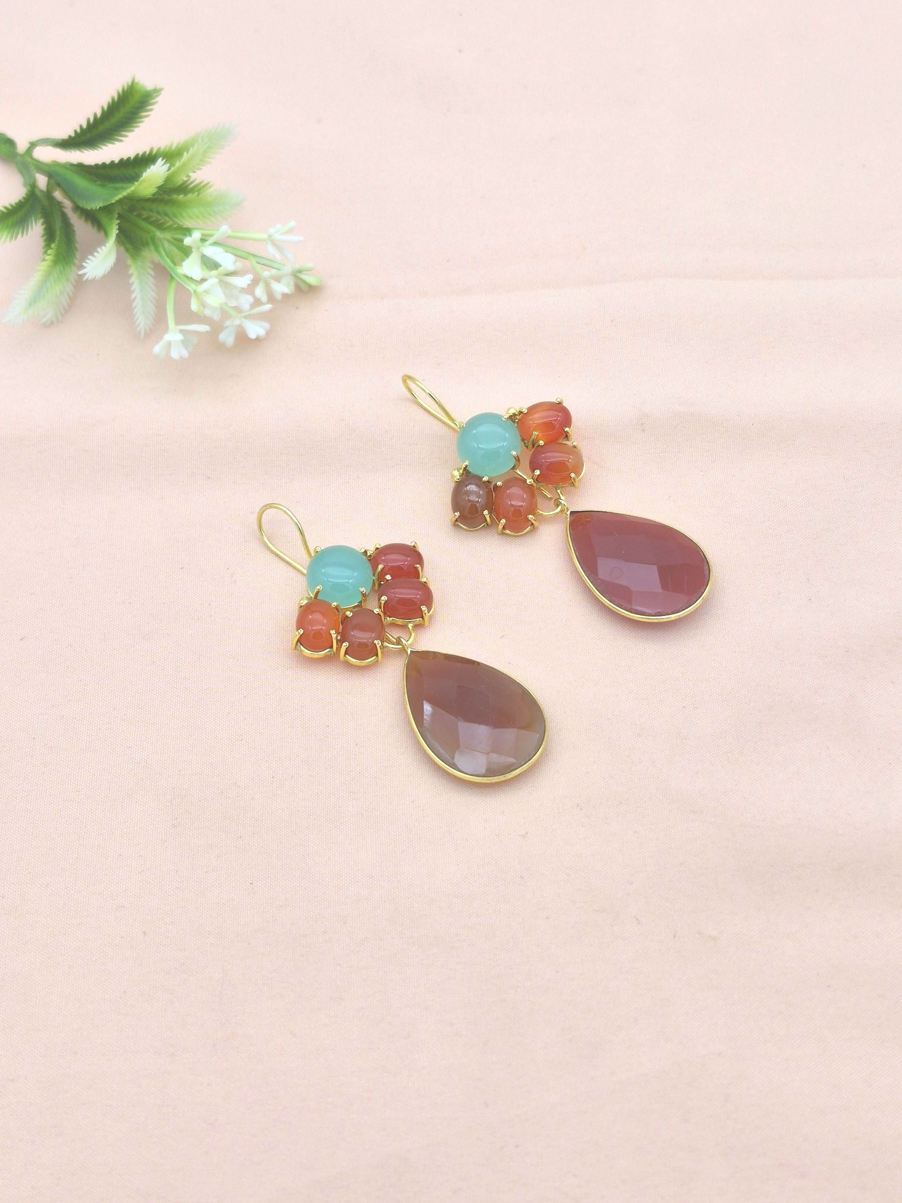 Gold Plated Brass Dangle Earrings – Semi Precious Gem stone Floral Design Handcrafted Jewelry