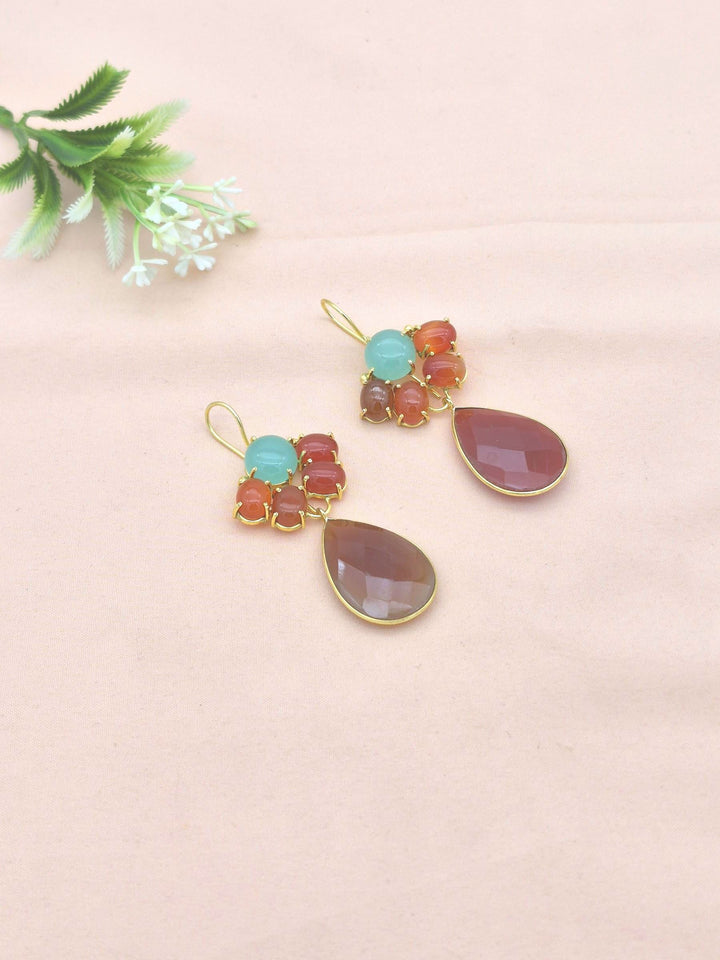 Amazing Gold Plated Dangle Earrings –Aqua-Red Onyx Charming Floral Designer Jewelry