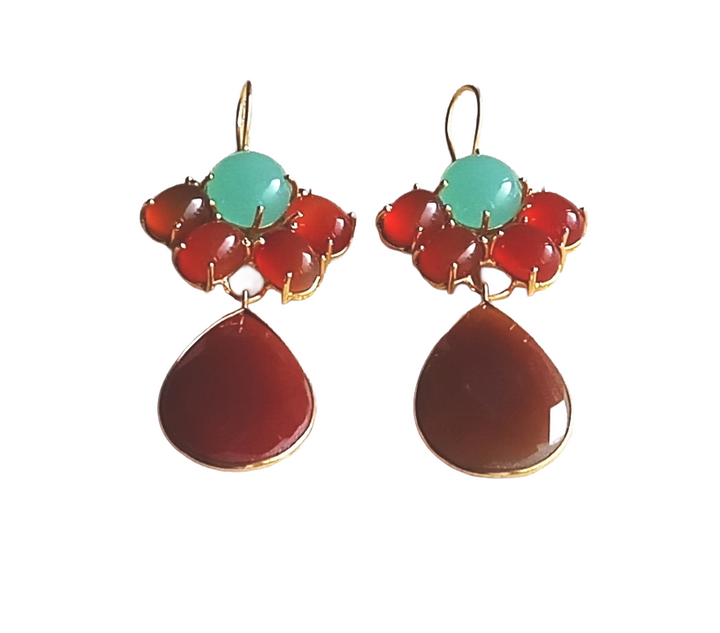 Amazing Gold Plated Dangle Earrings –Aqua-Red Onyx Charming Floral Designer Jewelry