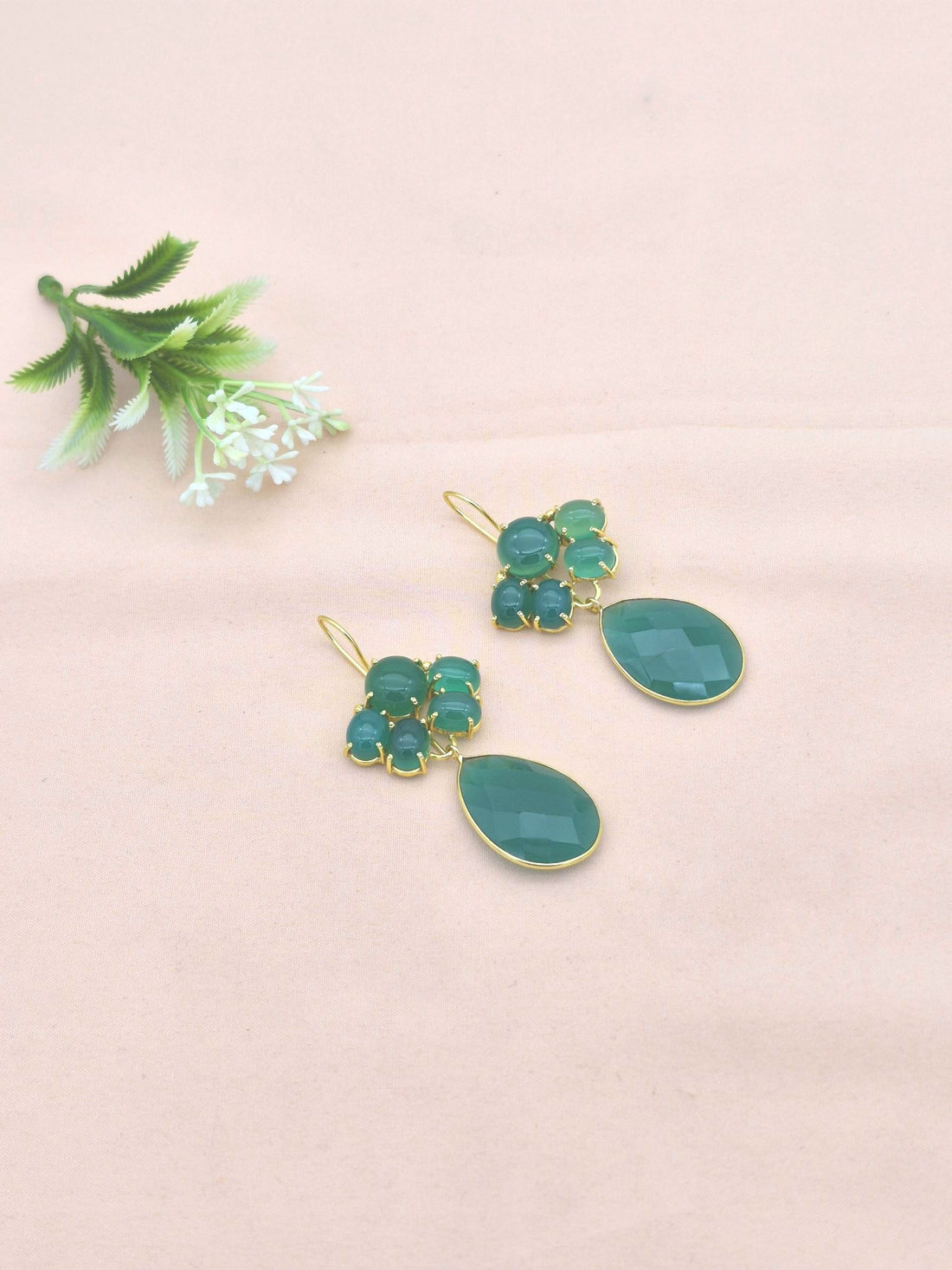 Gold Plated Brass Dangle Earrings – Semi Precious Gem stone Floral Design Handcrafted Jewelry