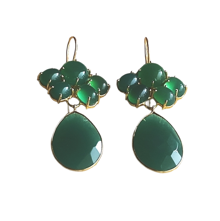 Amazing Gold Plated Dangle Earrings –Green Onyx Charming Floral Designer Jewelry