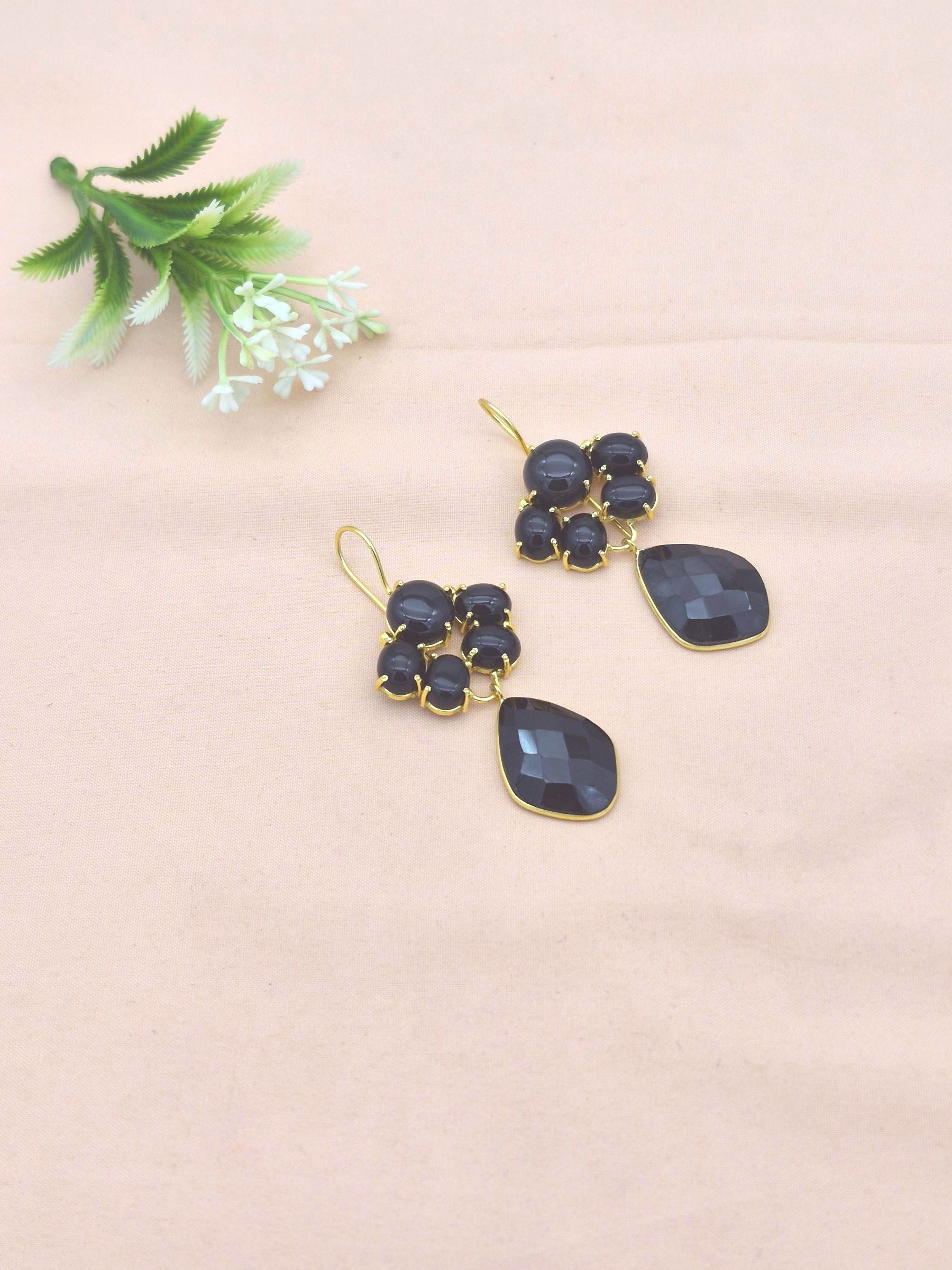 Amazing Gold Plated Dangle Earrings –Black Onyx Charming Floral Designer Jewelry