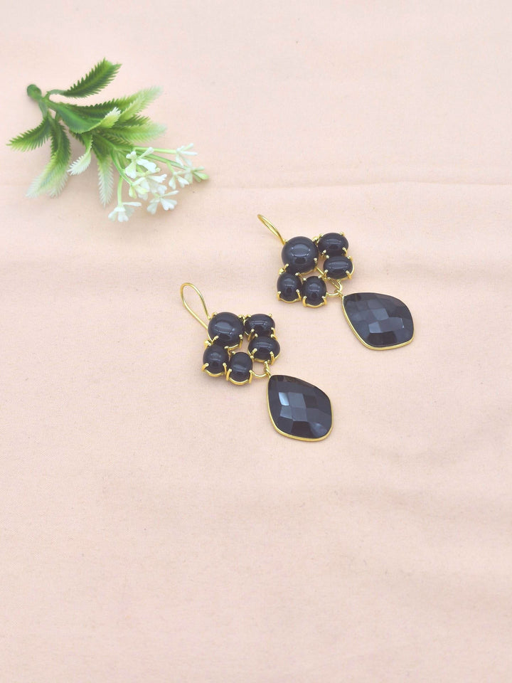 Amazing Gold Plated Dangle Earrings –Black Onyx Charming Floral Designer Jewelry