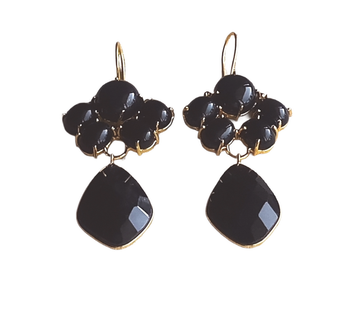 Amazing Gold Plated Dangle Earrings –Black Onyx Charming Floral Designer Jewelry