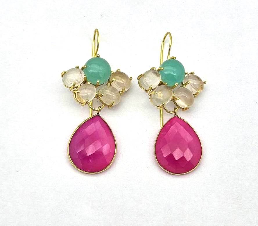 Gold Plated Brass Dangle Earrings – Semi Precious Gem stone Floral Design Handcrafted Jewelry