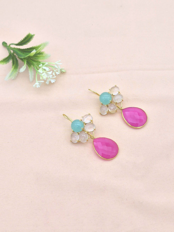 Amazing Gold Plated Dangle Earrings –Magenta Onyx-Rose Quartz-Chalcedony Charming Floral Designer Jewelry