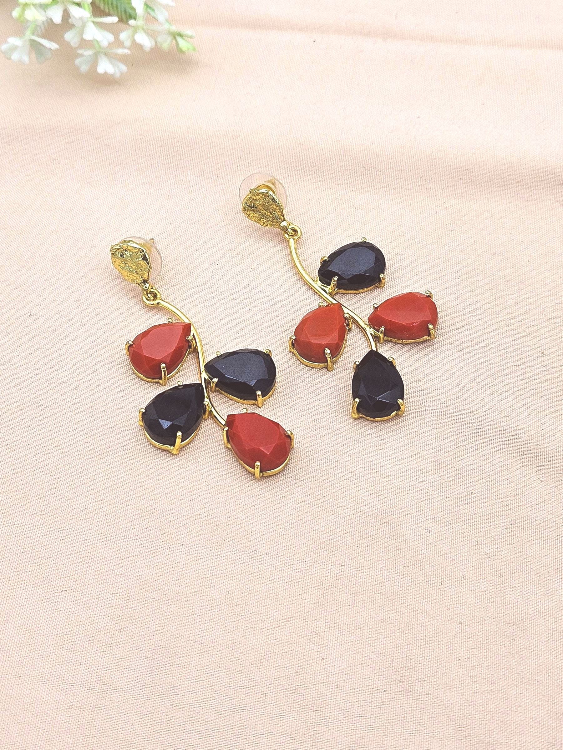 Gold Plated Brass Dangle Earrings – Imitation stone Floral Design Handcrafted Jewelry