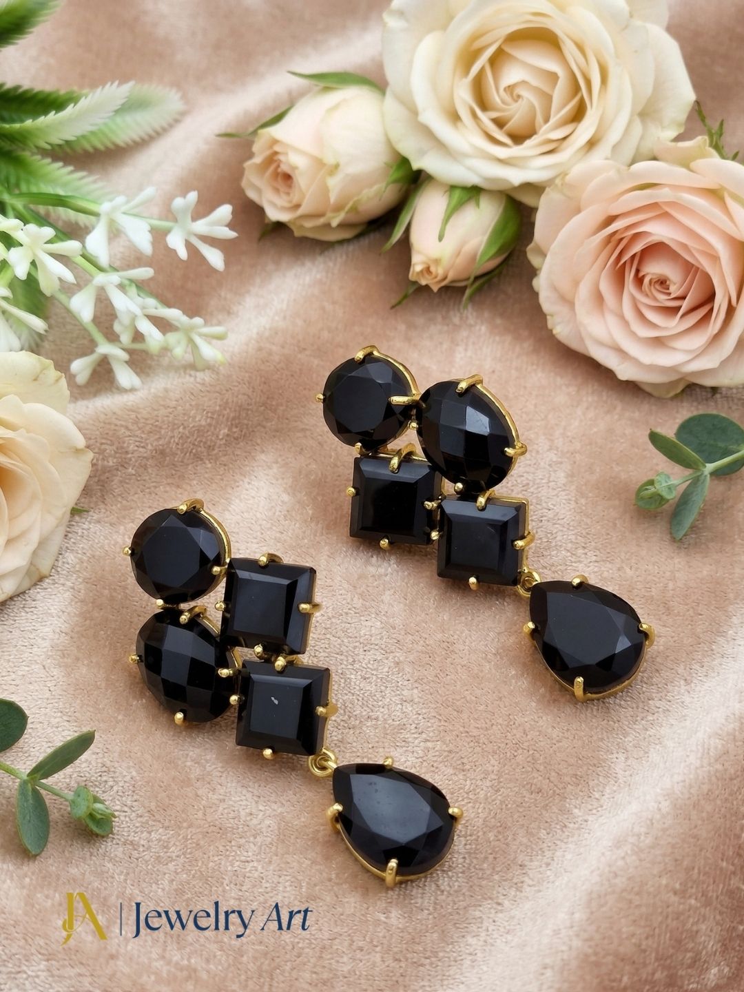 Awesome Gold Plated Black Onyx stone Dangle Earring - Handcrafted Designer Jewelry