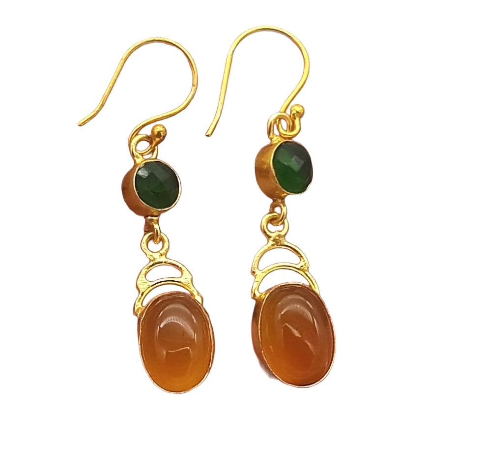 Handcrafted Gold Plated Green Onyx & Yellow Chalcedony Designer Dangle Earrings for Women