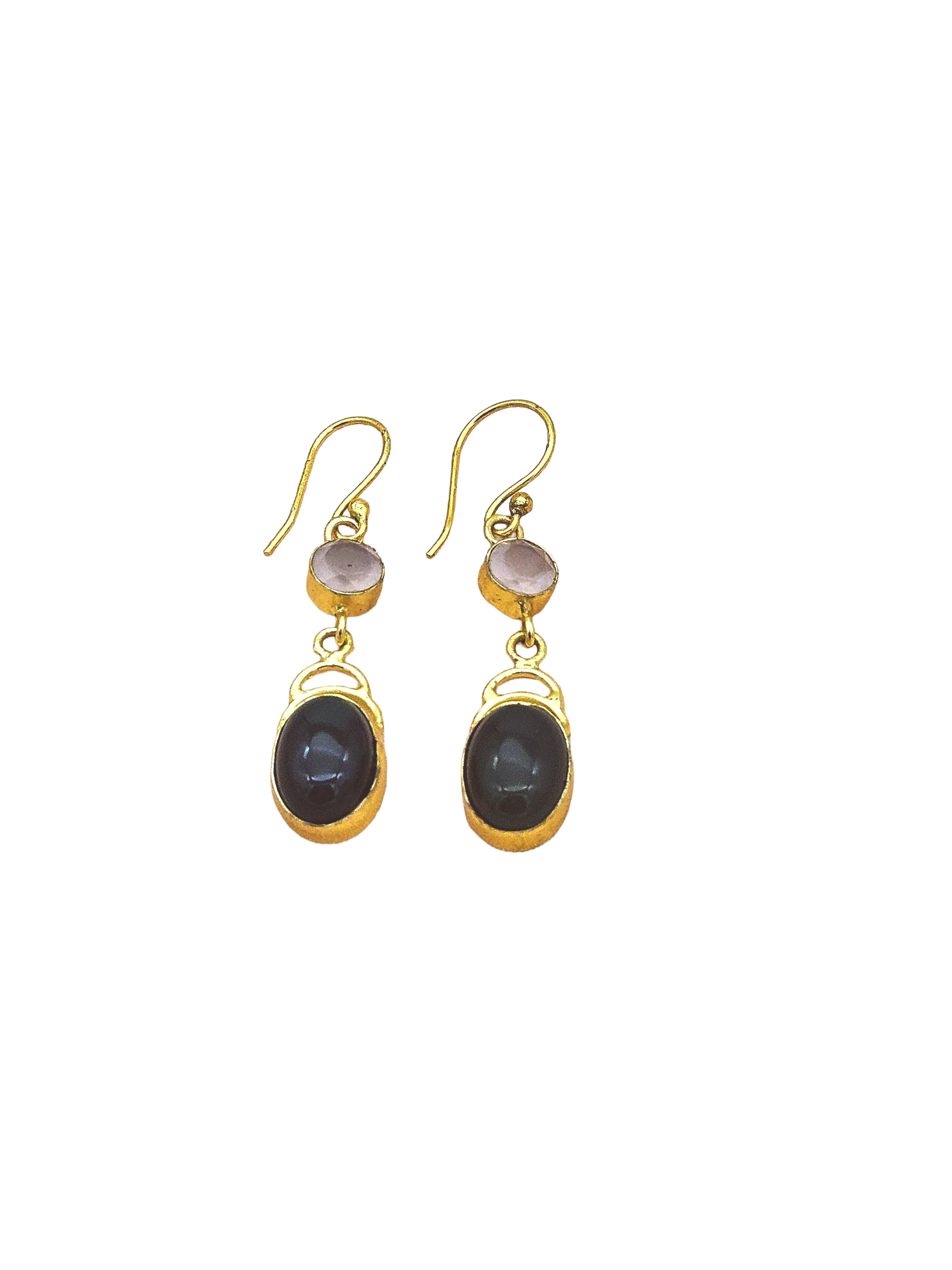 Luxury Gold Plated Green Onyx-Rose Quartz Gemstone Dangle Earrings