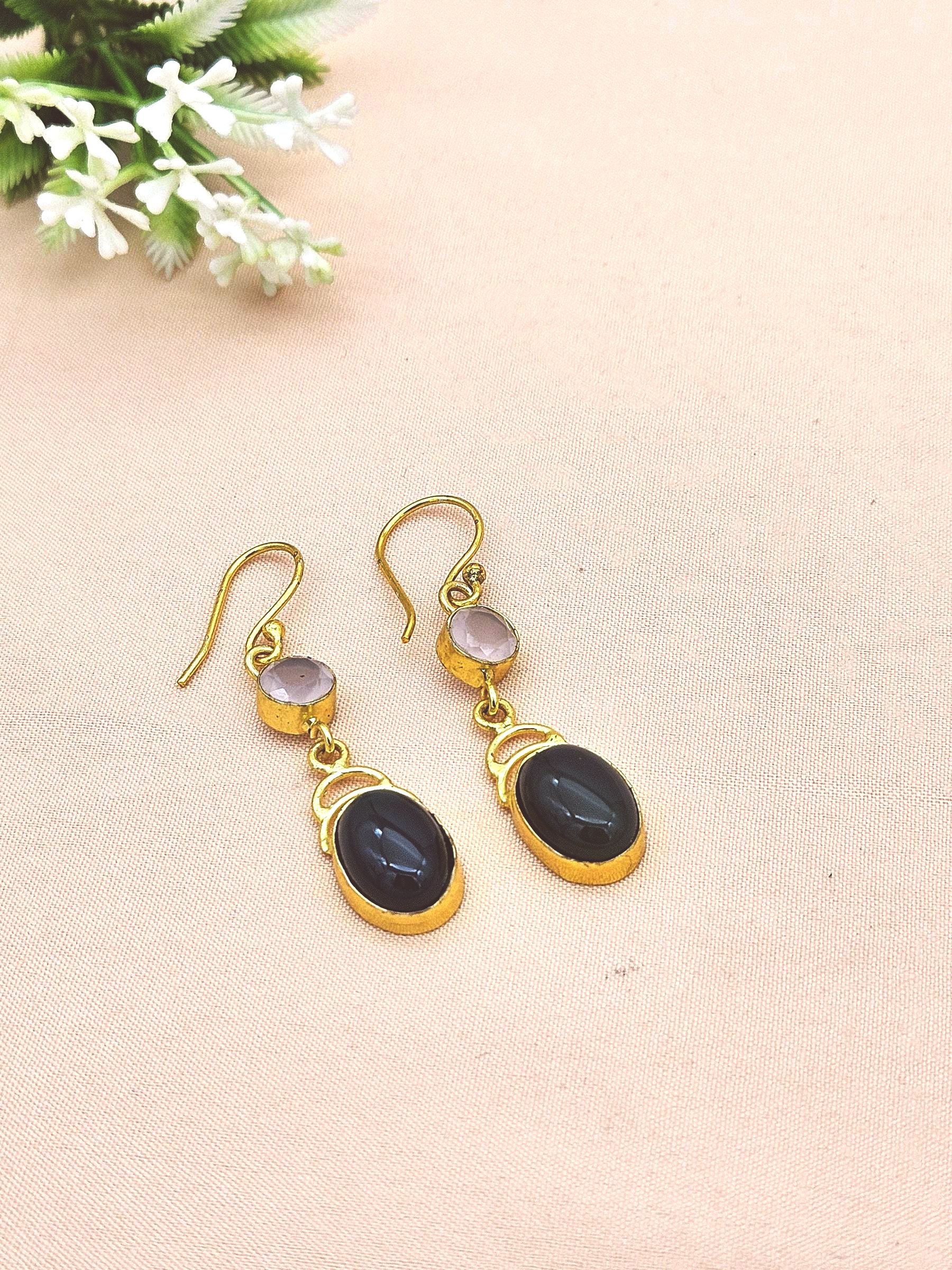 Luxury Gold Plated Green Onyx-Rose Quartz Gemstone Dangle Earrings