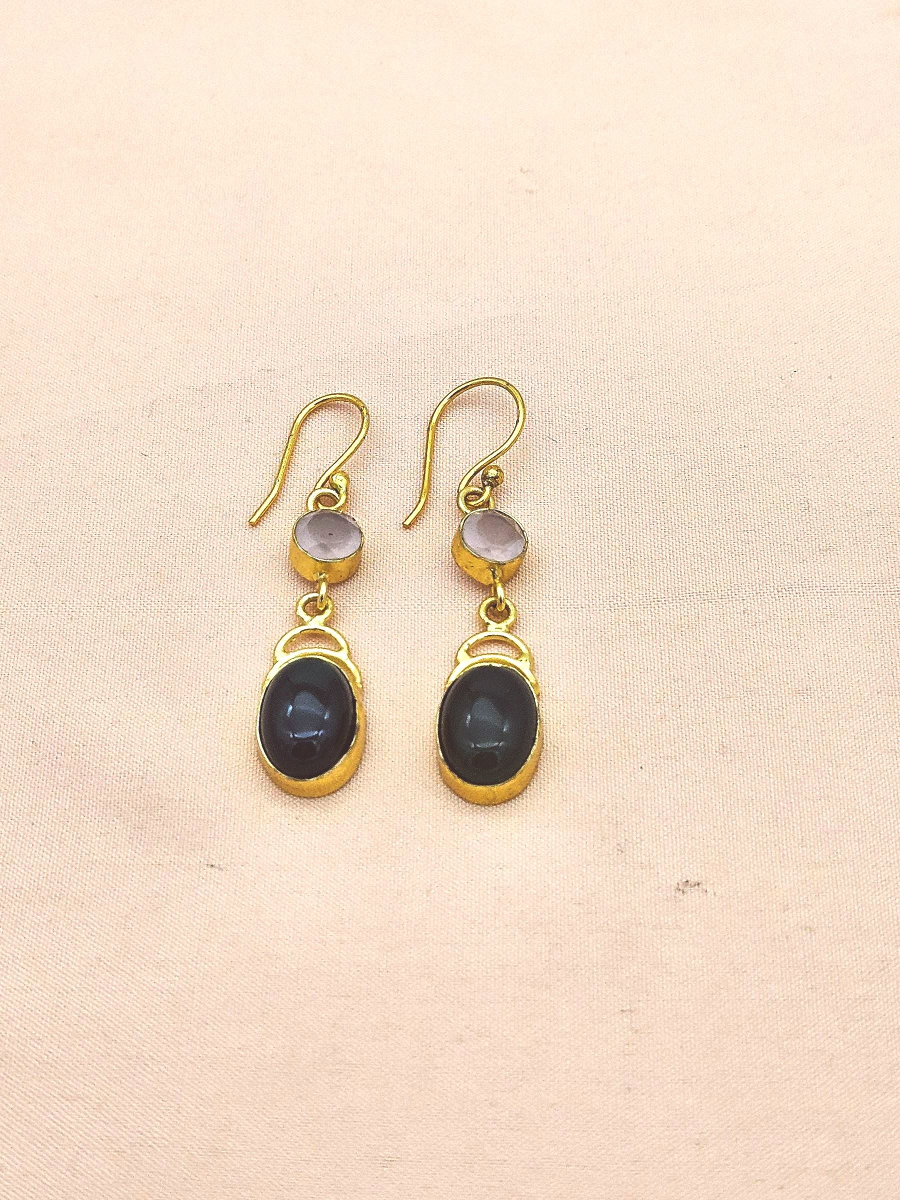 Luxury Gold Plated Green Onyx-Rose Quartz Gemstone Dangle Earrings