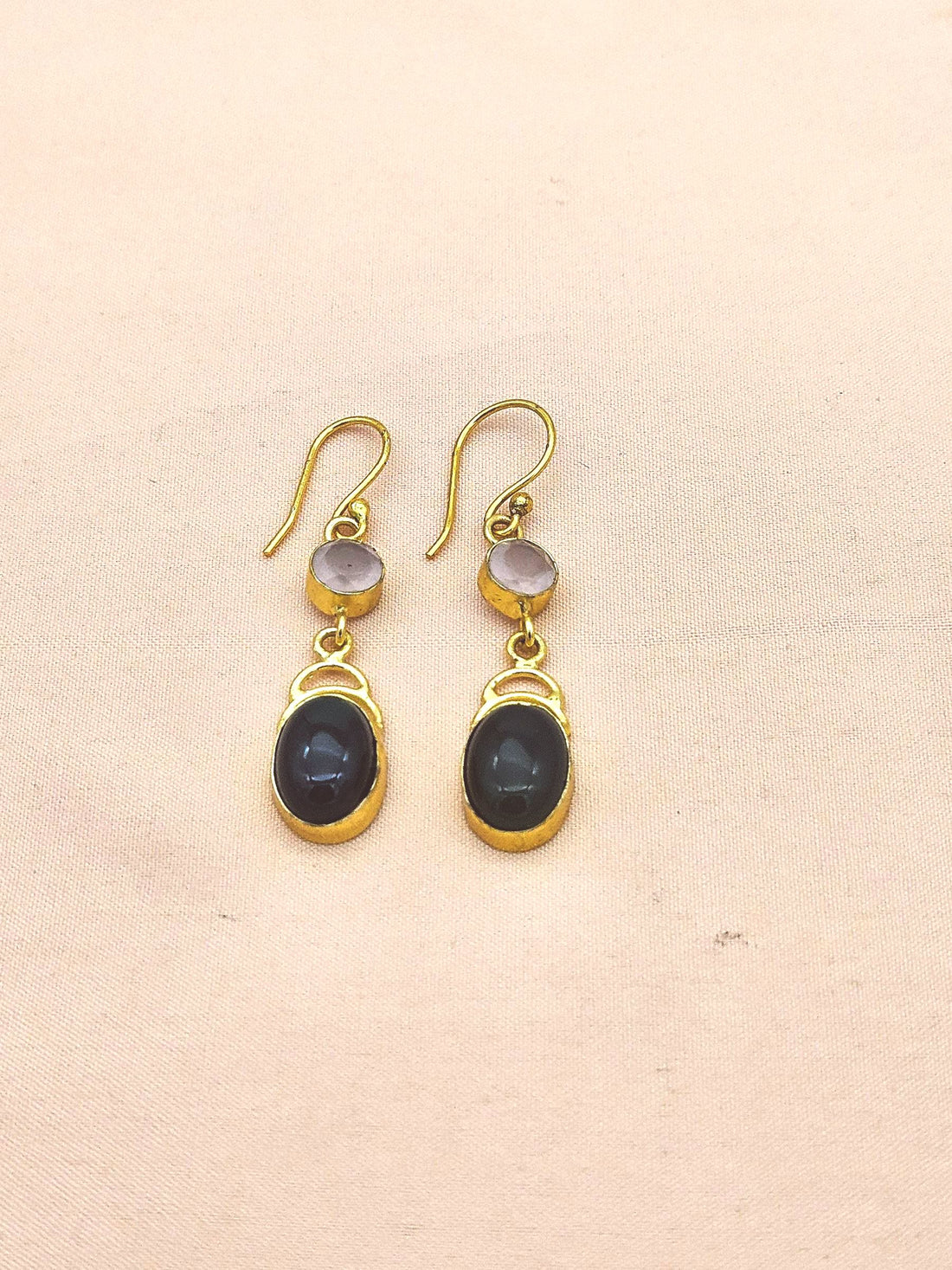 Luxury Gold Plated Green Onyx-Rose Quartz Gemstone Dangle Earrings