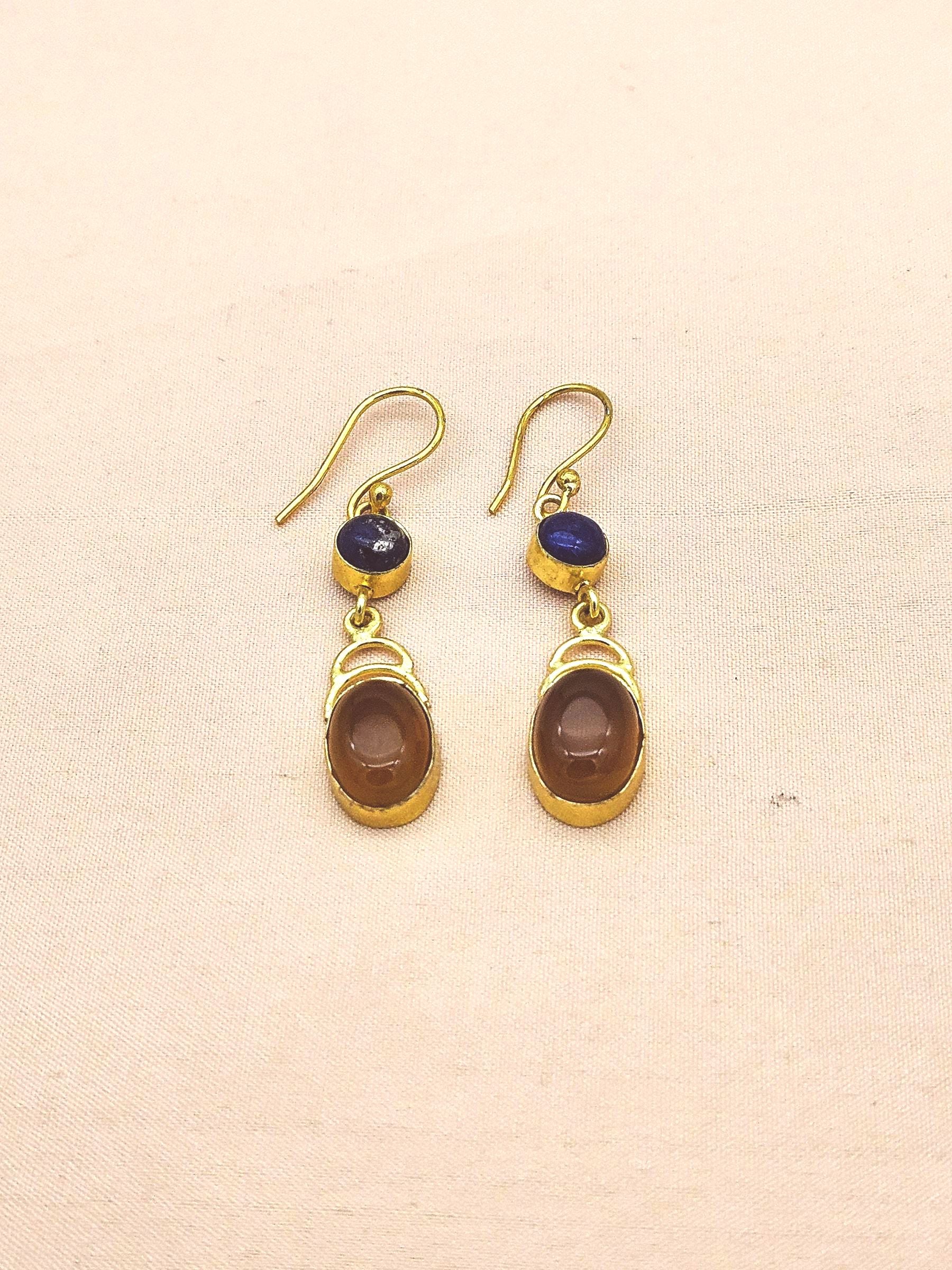 Premium Gold Plated Lapis & Yellow Chalcedony Party Wear Dangle Earrings