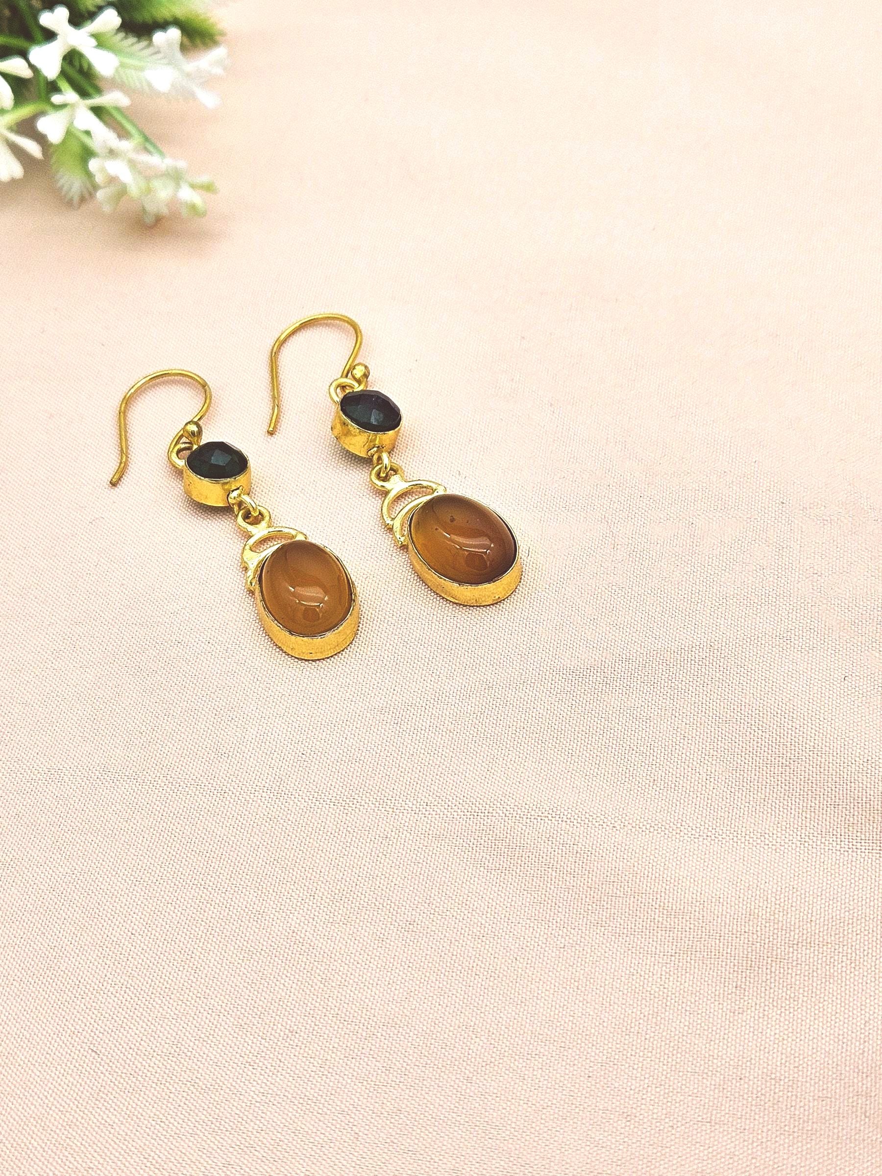 Handcrafted Gold Plated Green Onyx & Yellow Chalcedony Designer Dangle Earrings for Women