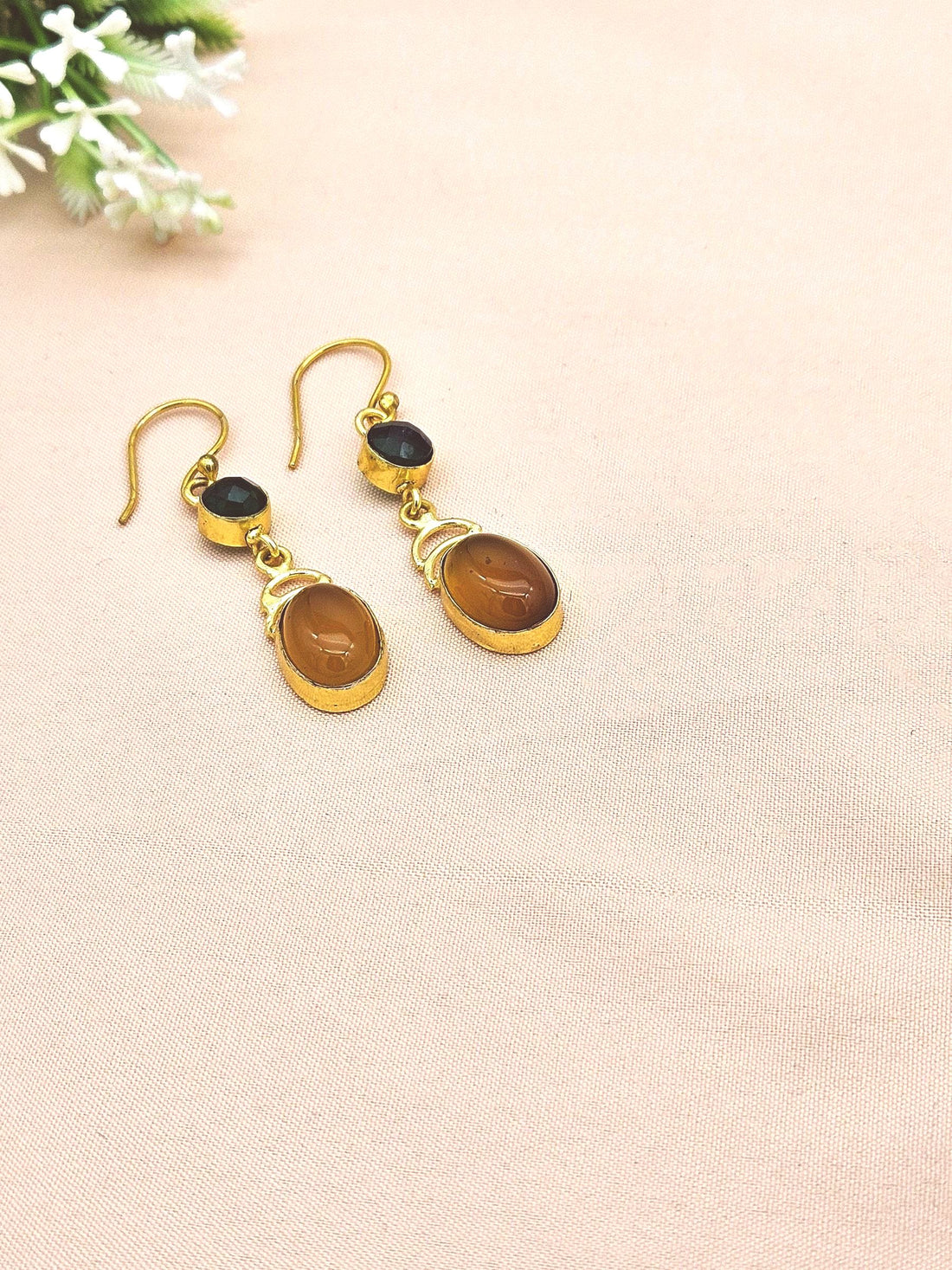 Handcrafted Gold Plated Green Onyx & Yellow Chalcedony Designer Dangle Earrings for Women