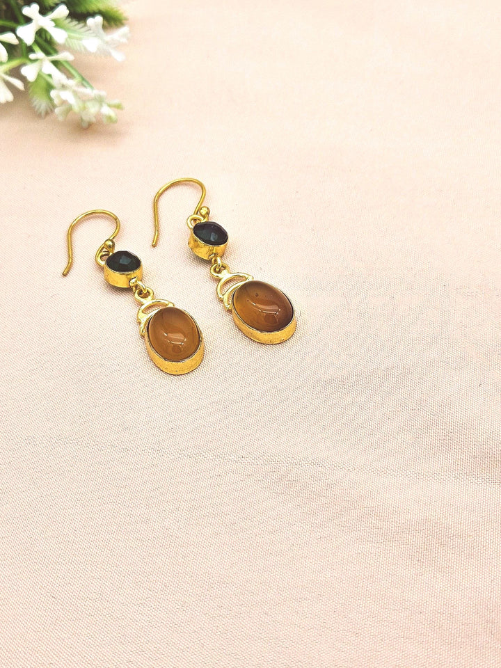 Handcrafted Gold Plated Green Onyx & Yellow Chalcedony Designer Dangle Earrings for Women