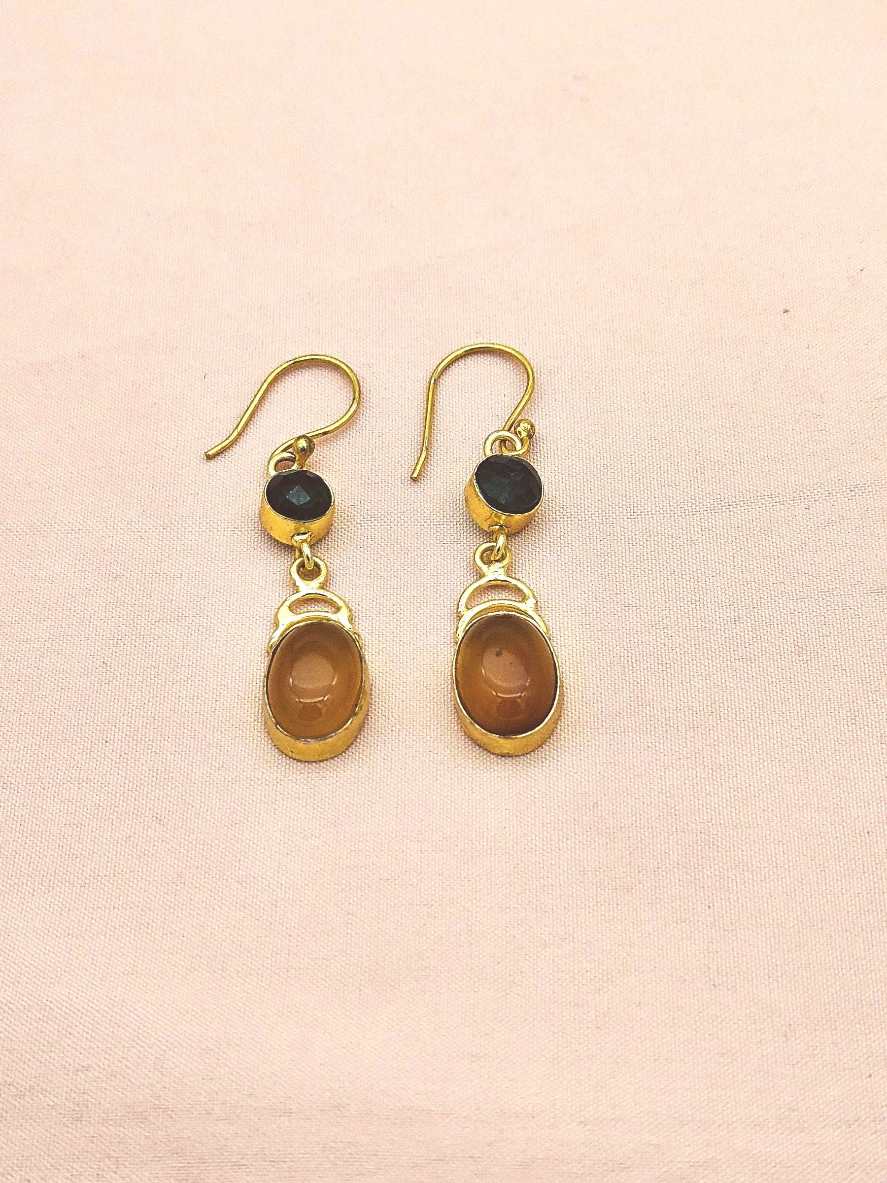 Handcrafted Gold Plated Green Onyx & Yellow Chalcedony Designer Dangle Earrings for Women
