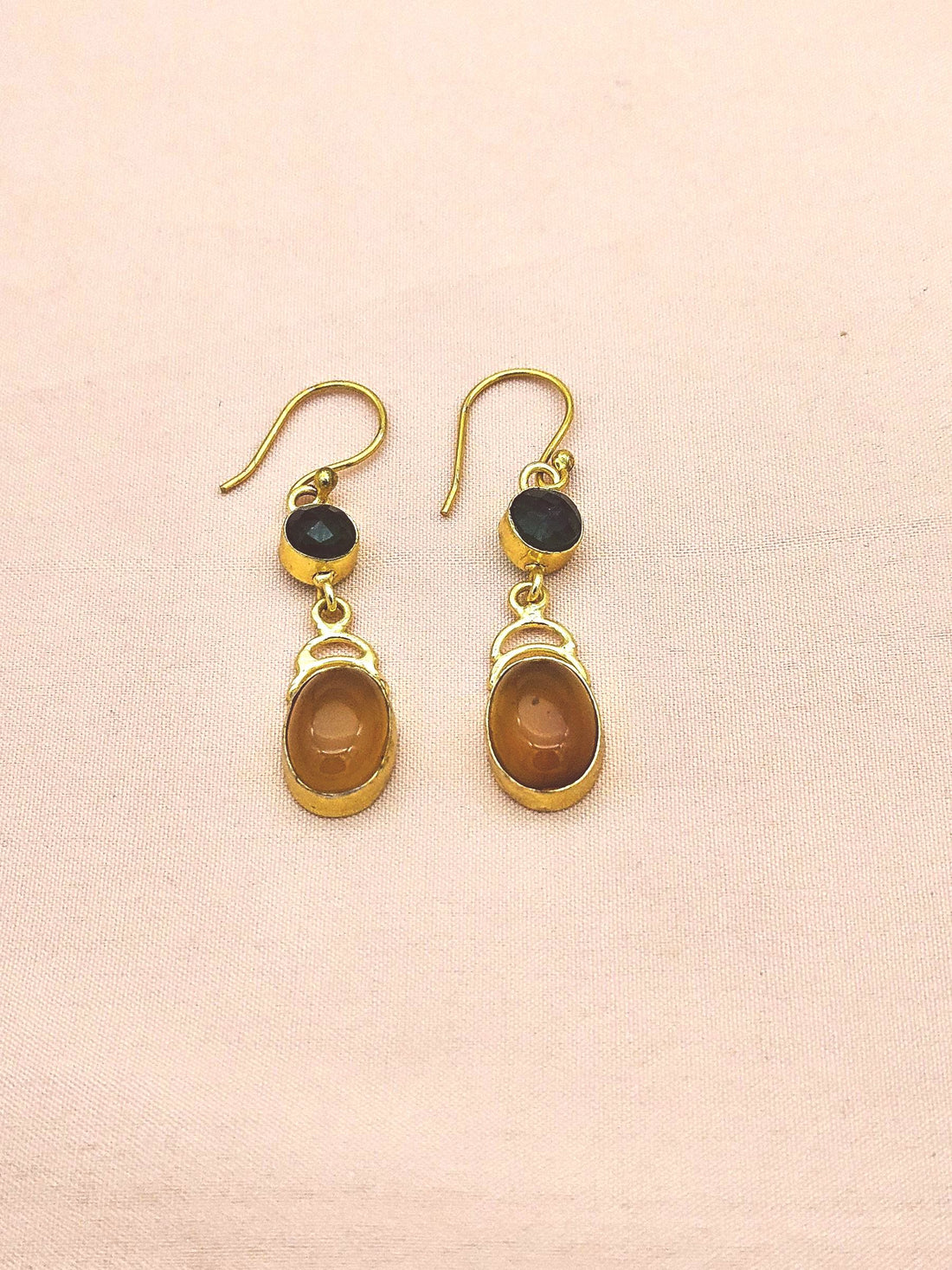 Handcrafted Gold Plated Green Onyx & Yellow Chalcedony Designer Dangle Earrings for Women