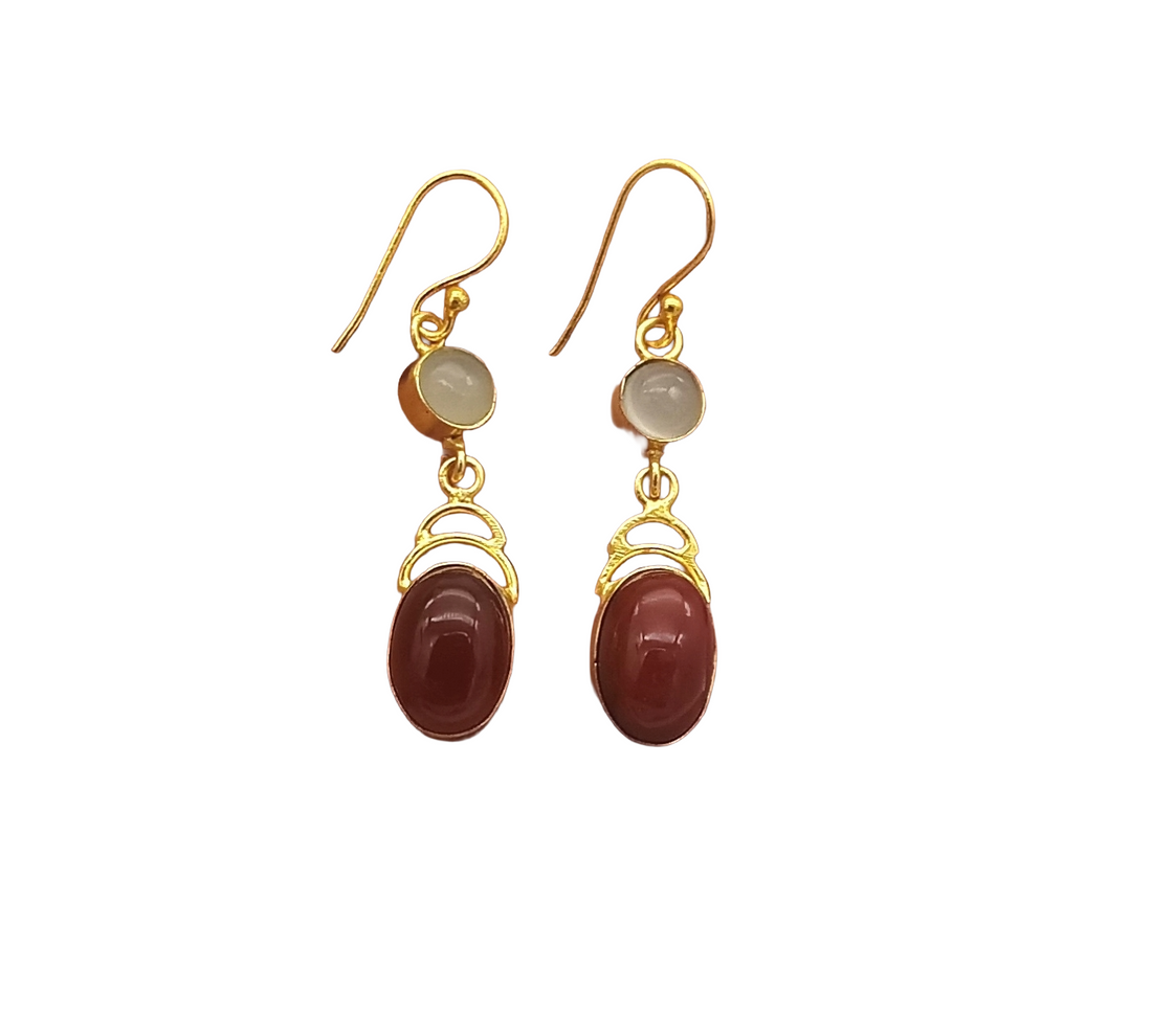 Elegant Handcrafted Aquamarine-Red Onyx Gold Plated Dangle Earrings