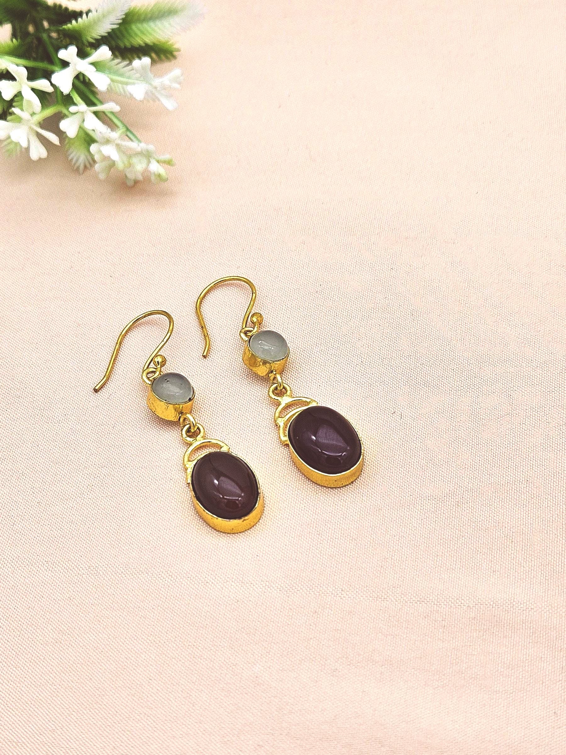 Elegant Handcrafted Aquamarine-Red Onyx Gold Plated Dangle Earrings