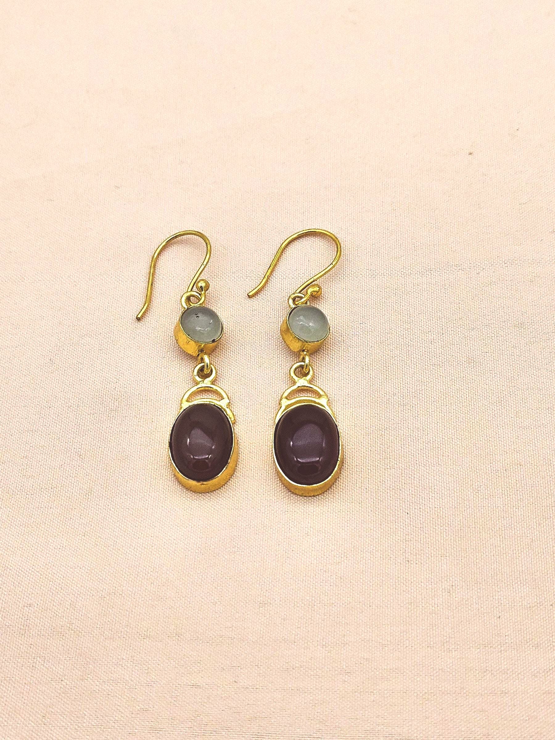 Elegant Handcrafted Aquamarine-Red Onyx Gold Plated Dangle Earrings
