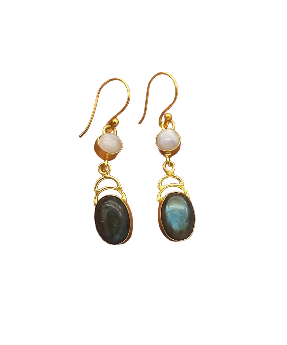 Artisan Gold Plated White Rainbow-Labradorite Statement Drop Earrings
