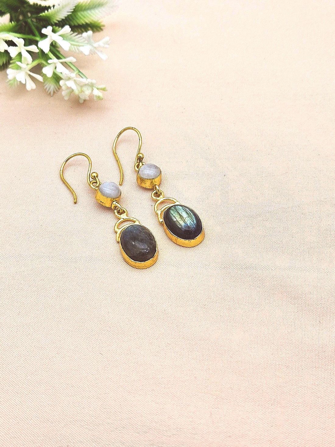 Artisan Gold Plated White Rainbow-Labradorite Statement Drop Earrings