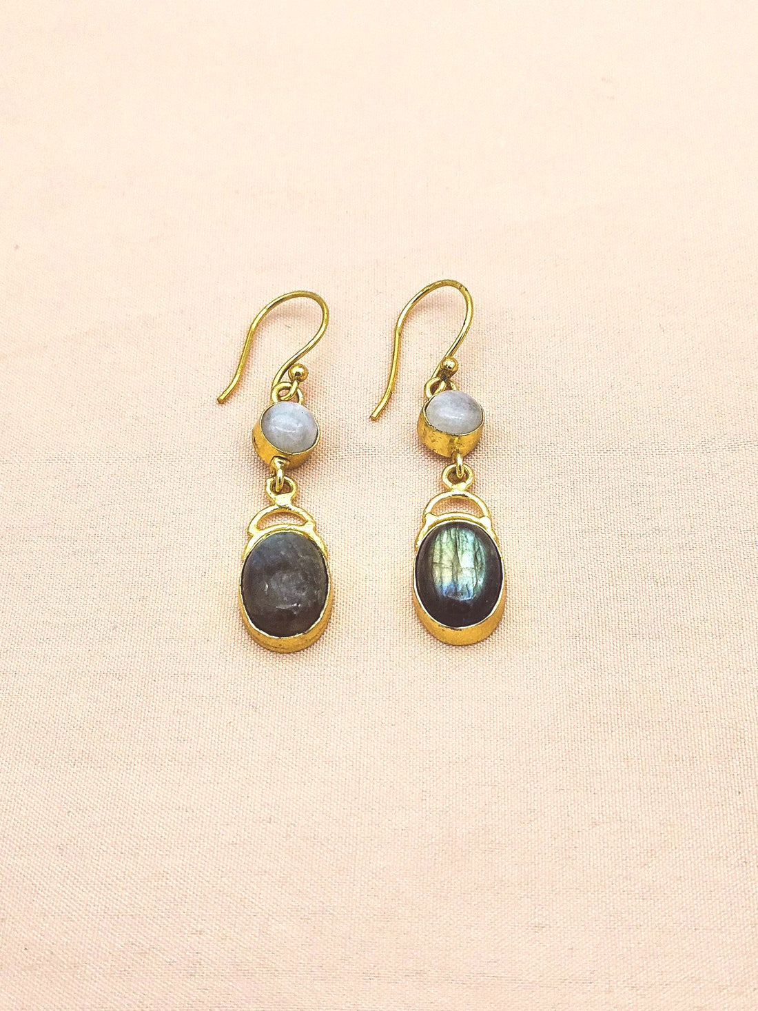 Artisan Gold Plated White Rainbow-Labradorite Statement Drop Earrings